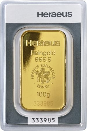 Heraeus 100 gram Guldtacka framsida