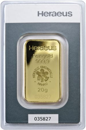 Heraeus 20 gram Guldtacka framsida