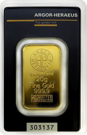 Guldtacka 20 gram Argor Heraeus framsida
